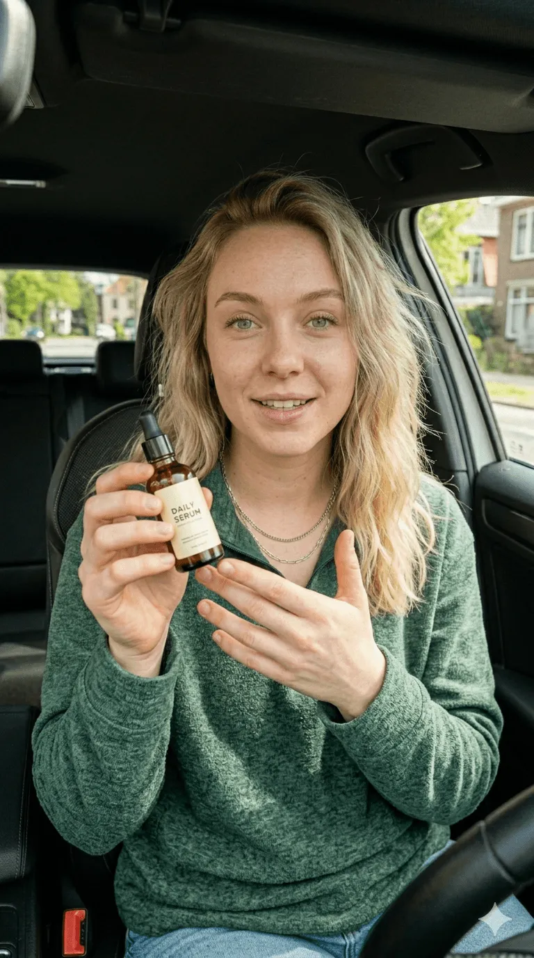 Blonde woman in a green sweater sitting in a car, holding a small dropper bottle and smiling at camera