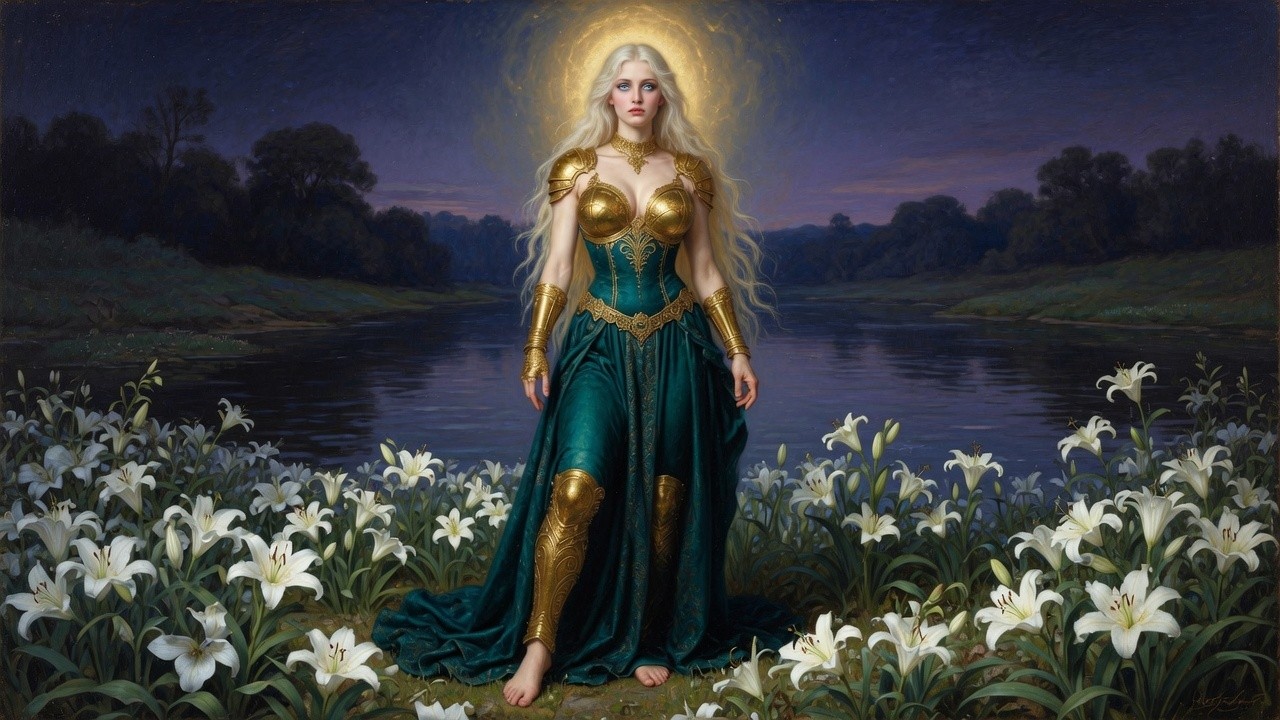 teal gown in the night lilies