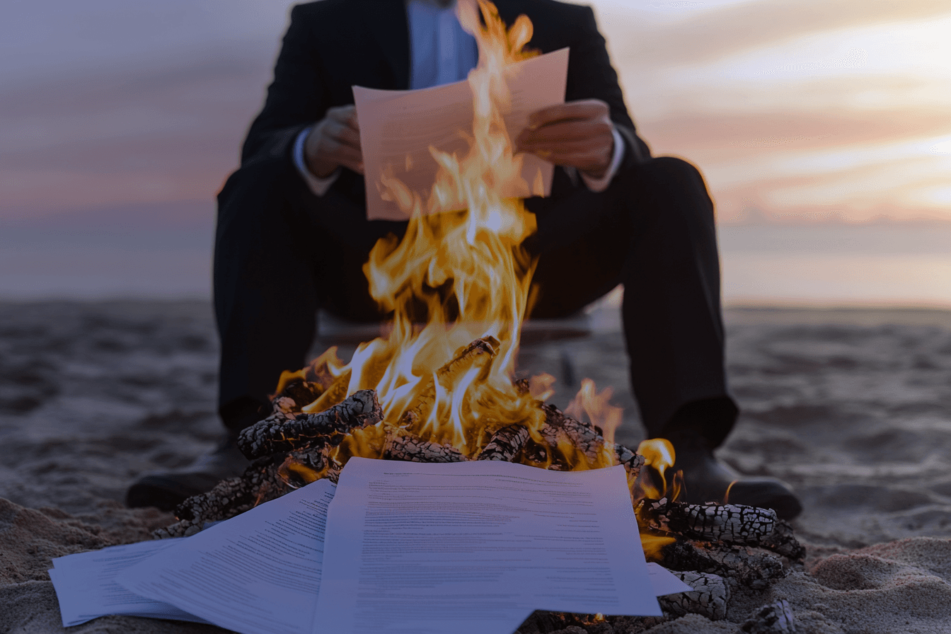 Man in suit burning resumes