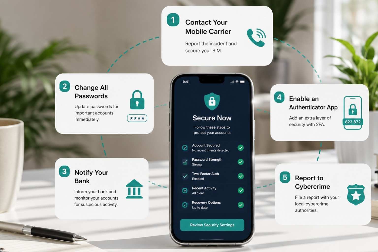 Mobile account recovery guide showing essential steps after a SIM swap attack, including securing accounts, changing passwords, enabling two-factor authentication, and reporting fraud