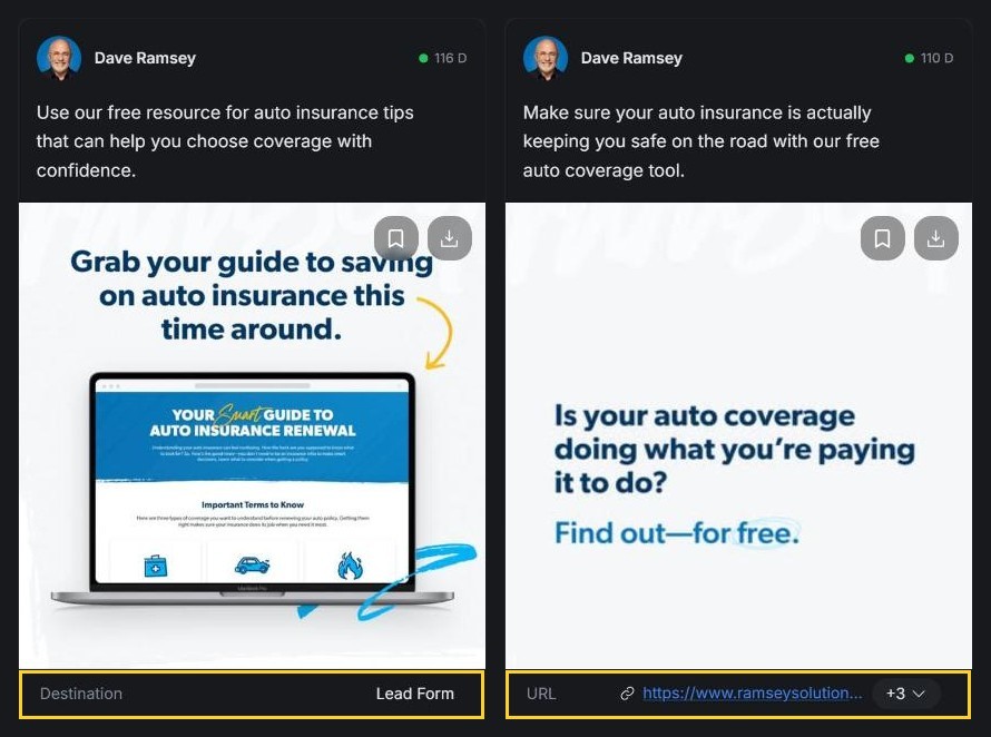 Dave Ramsey's two auto insurance ads in AdPlexity Social: one opens an instant form, the other a page on ramseysolutions.com