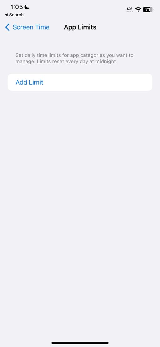 Screen Time App Limits with no limits set, shown in an older iOS layout