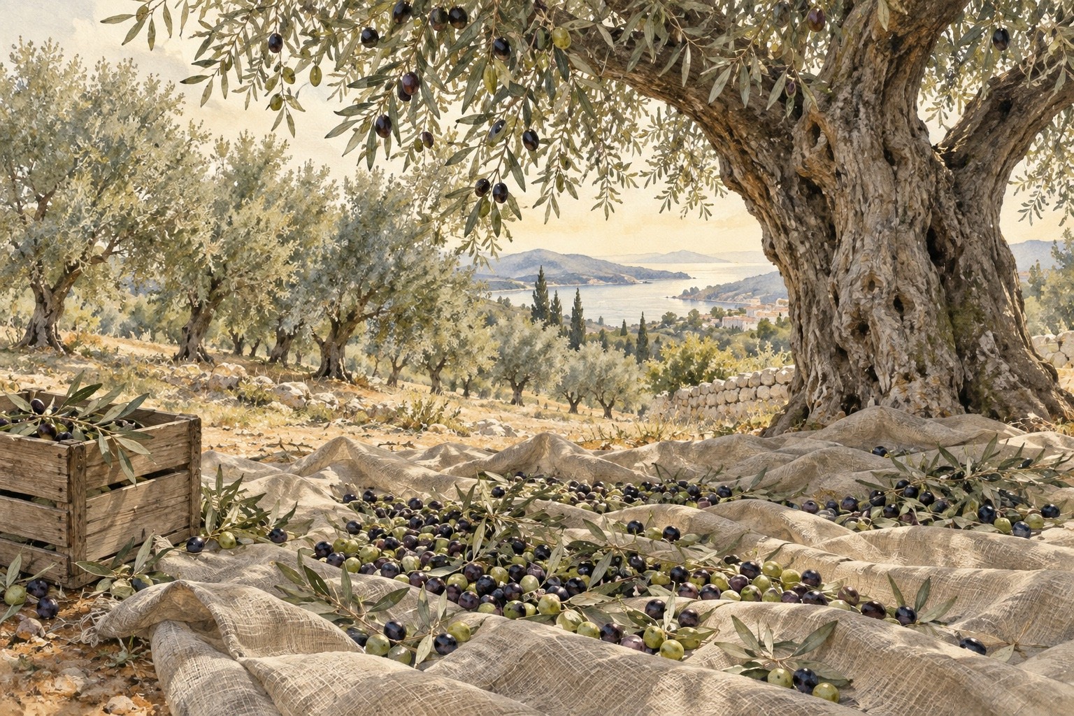 Watercolor of hands gathering olives on harvest day