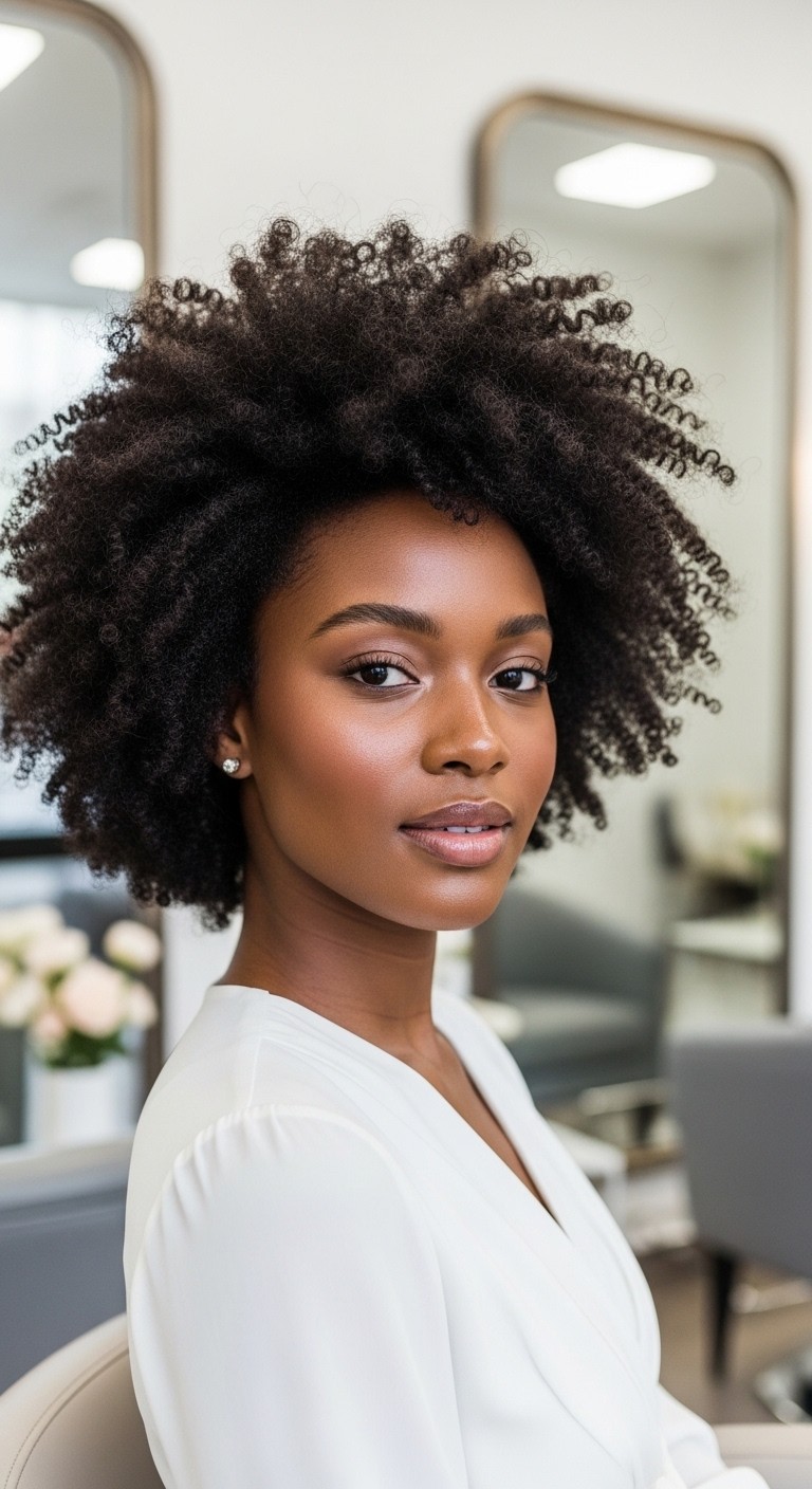 Portrait of a Black woman with natural afro hair in a white top, looking forward in a bright salon with mirrors.