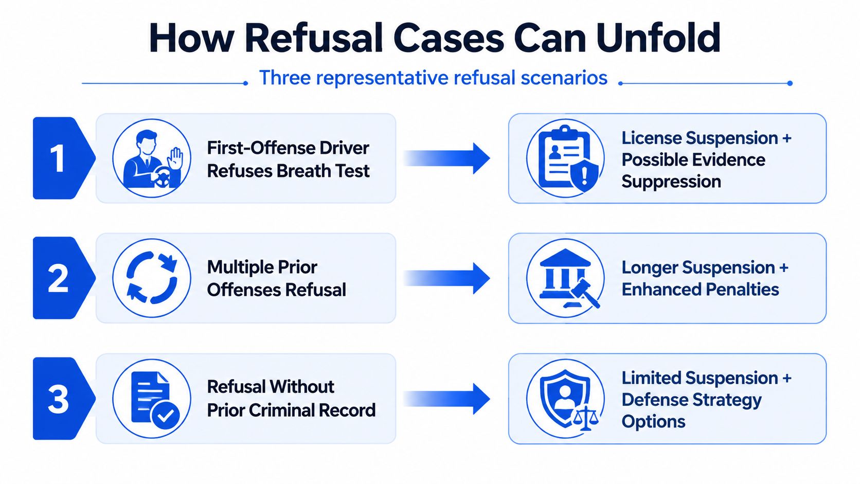A visual guide illustrating three common legal scenarios and potential outcomes after refusing a breathalyzer test.
