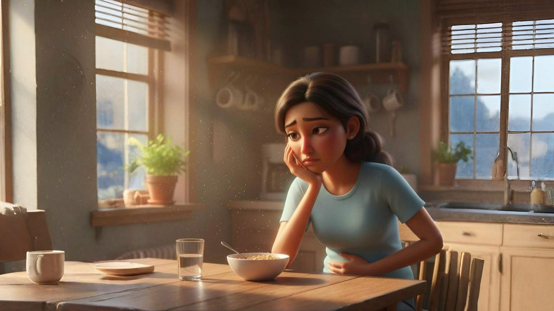 Pixar-style cinematic 3D illustration of a young Indian woman holding her stomach gently, symbolizing gut discomfort and imbalance. Soft daylight highlights her reflective expression, representing awareness about gut microbiome health and early signs of leaky gut. Realistic lighting, cinematic blur, and warm tones emphasize the emotional connection to digestive wellness and preventive healthcare — Lyxaa.in.
