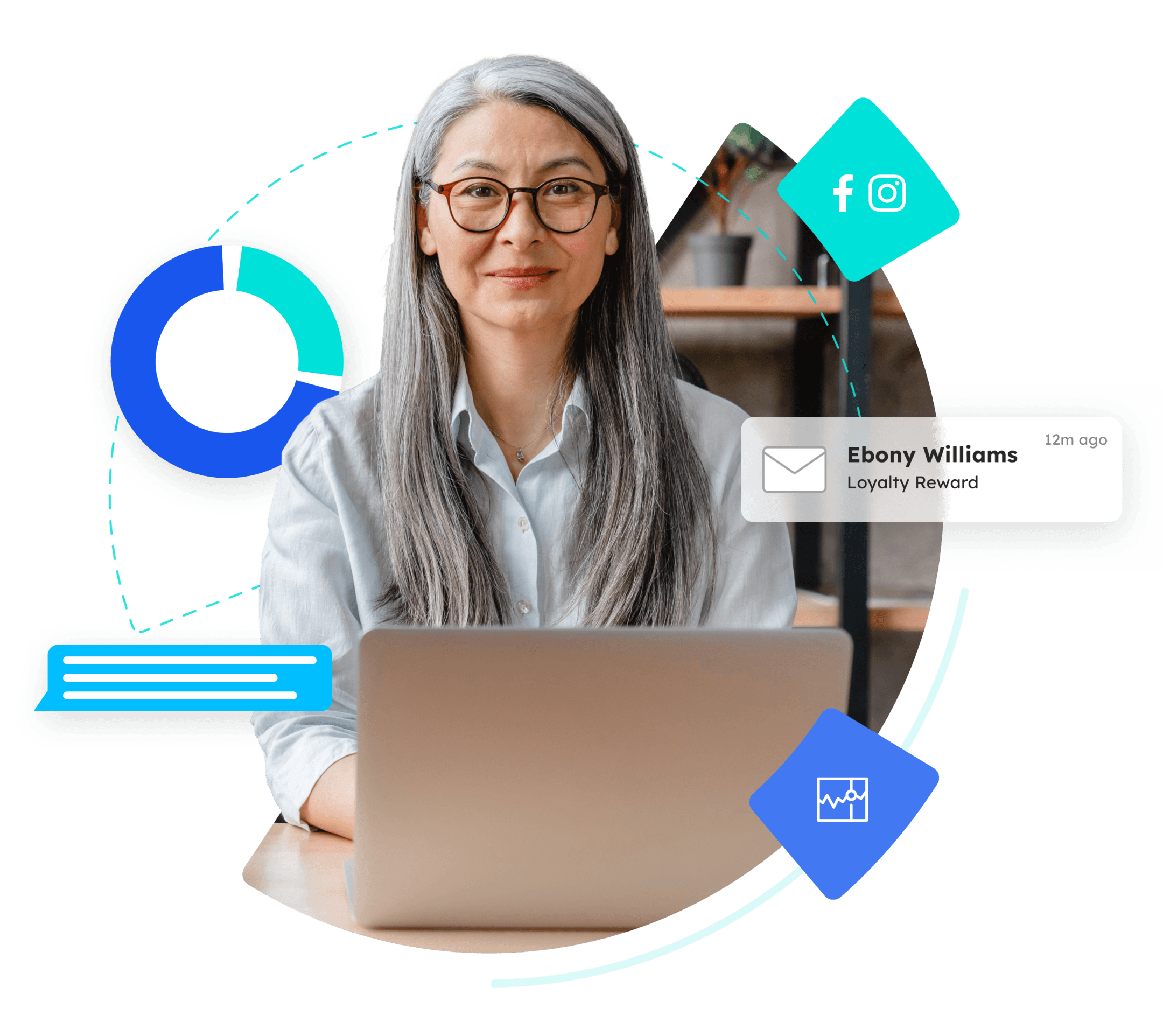 Graphic with older female working on laptop with icons surrounding her.
