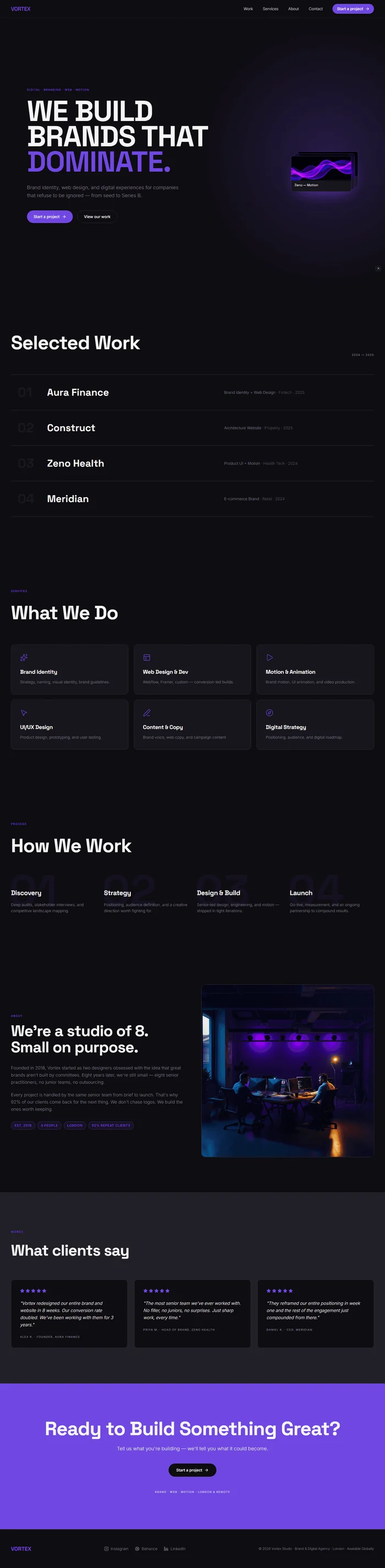 Digital agency website prompt full preview — near-black #0a0a0f background with electric violet #6b3ce8 accent, radial gradient glow on right side with subtle violet grid pattern overlay, three floating stacked project preview cards bottom-right each slightly rotated and staggered in from right on mount, Space Grotesk 700 bold hero headline left-aligned, four full-width work rows with large faded project numbers behind each, and six-service grid with violet lucide icons and box-shadow hover glow