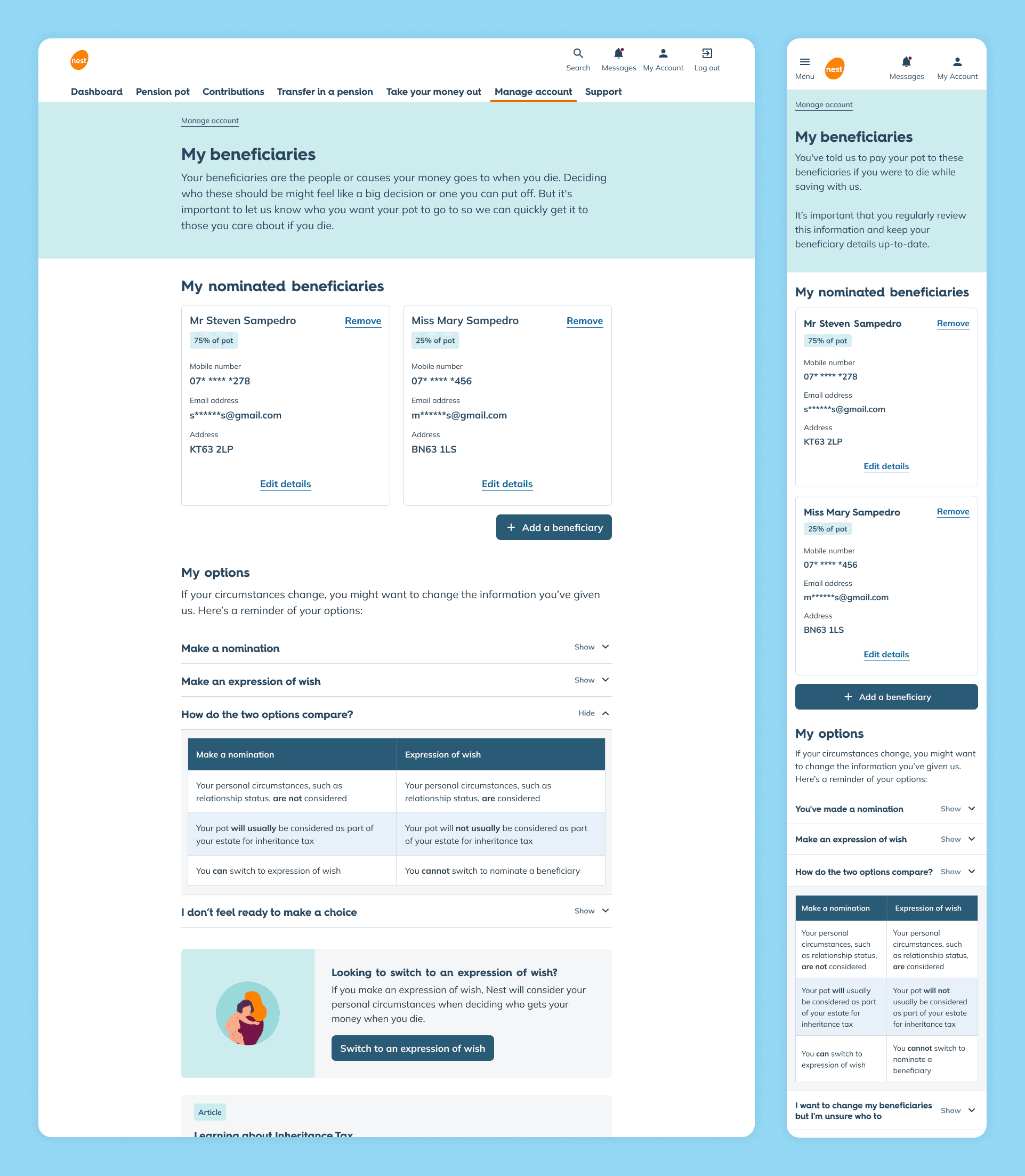Beneficiaries page showing nominated contacts, percentages, and options