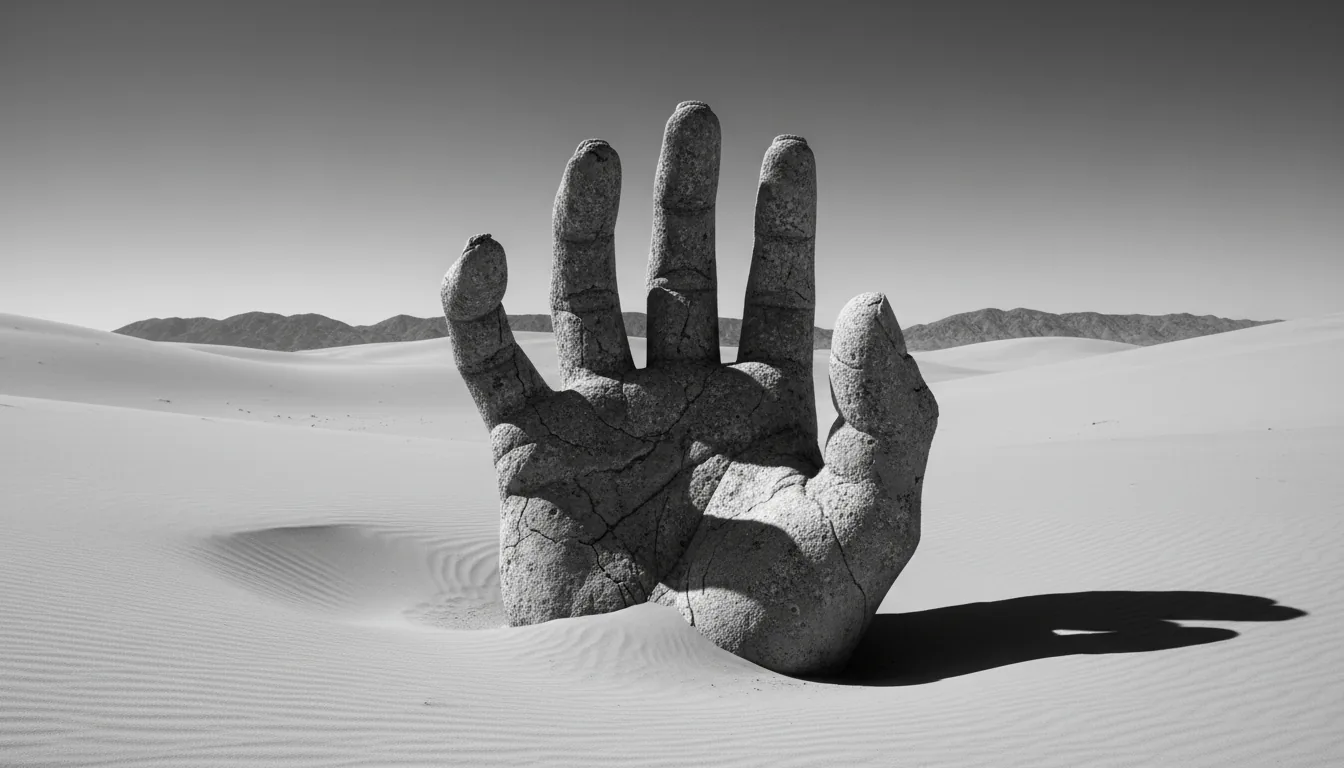 DSLR photograph of a monumental, weathered stone sculpture of a giant hand emerging from the sand in a vast desert. The image is a high-contrast black and white shot under harsh natural daylight, creating strong shadows on the rough, pitted texture of the stone. In the background, arid hills sit under a clear, featureless sky. The entire scene is in sharp focus, with a minimalist and surreal composition.