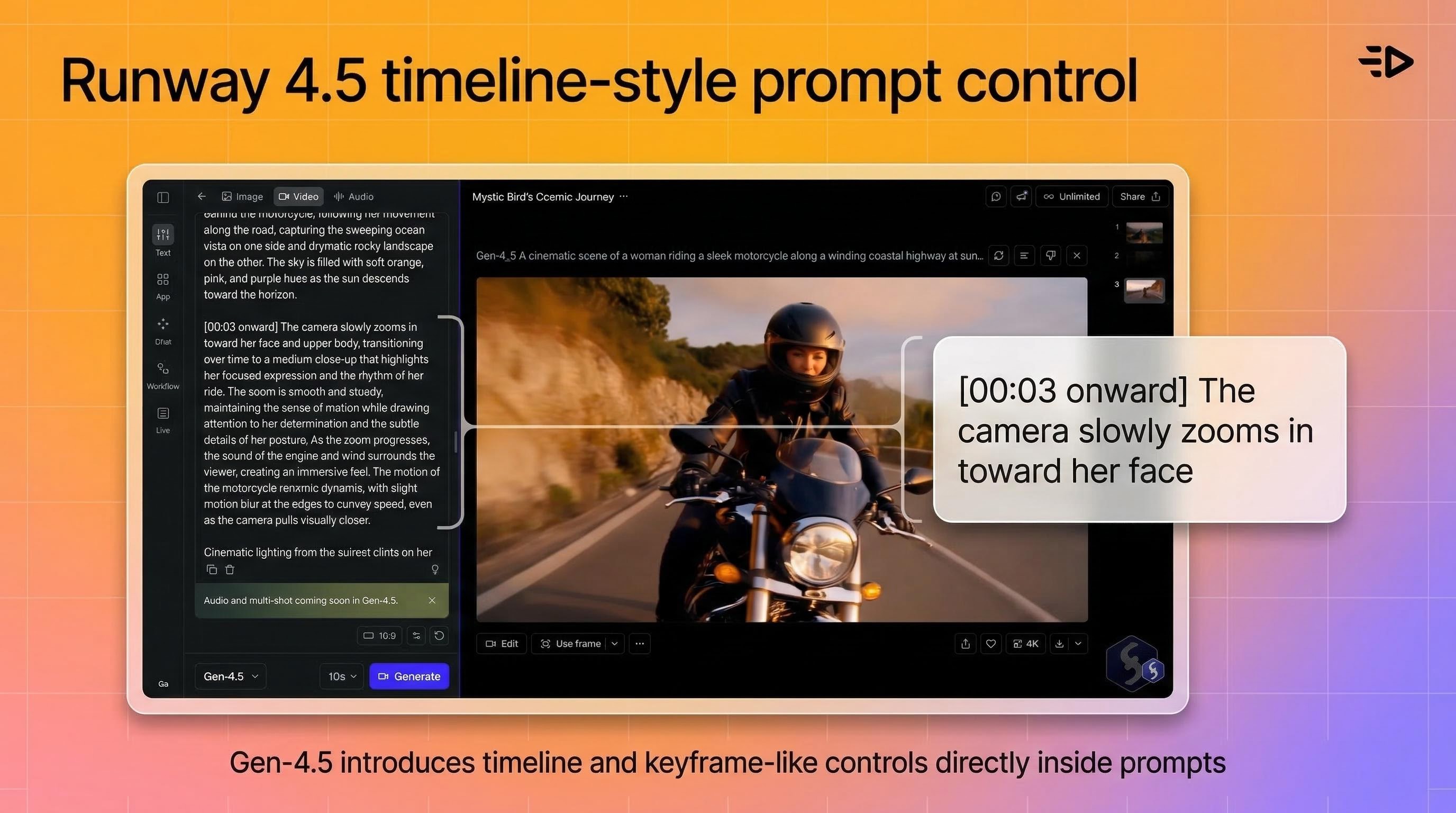 Runway 4.5 timeline-style prompt