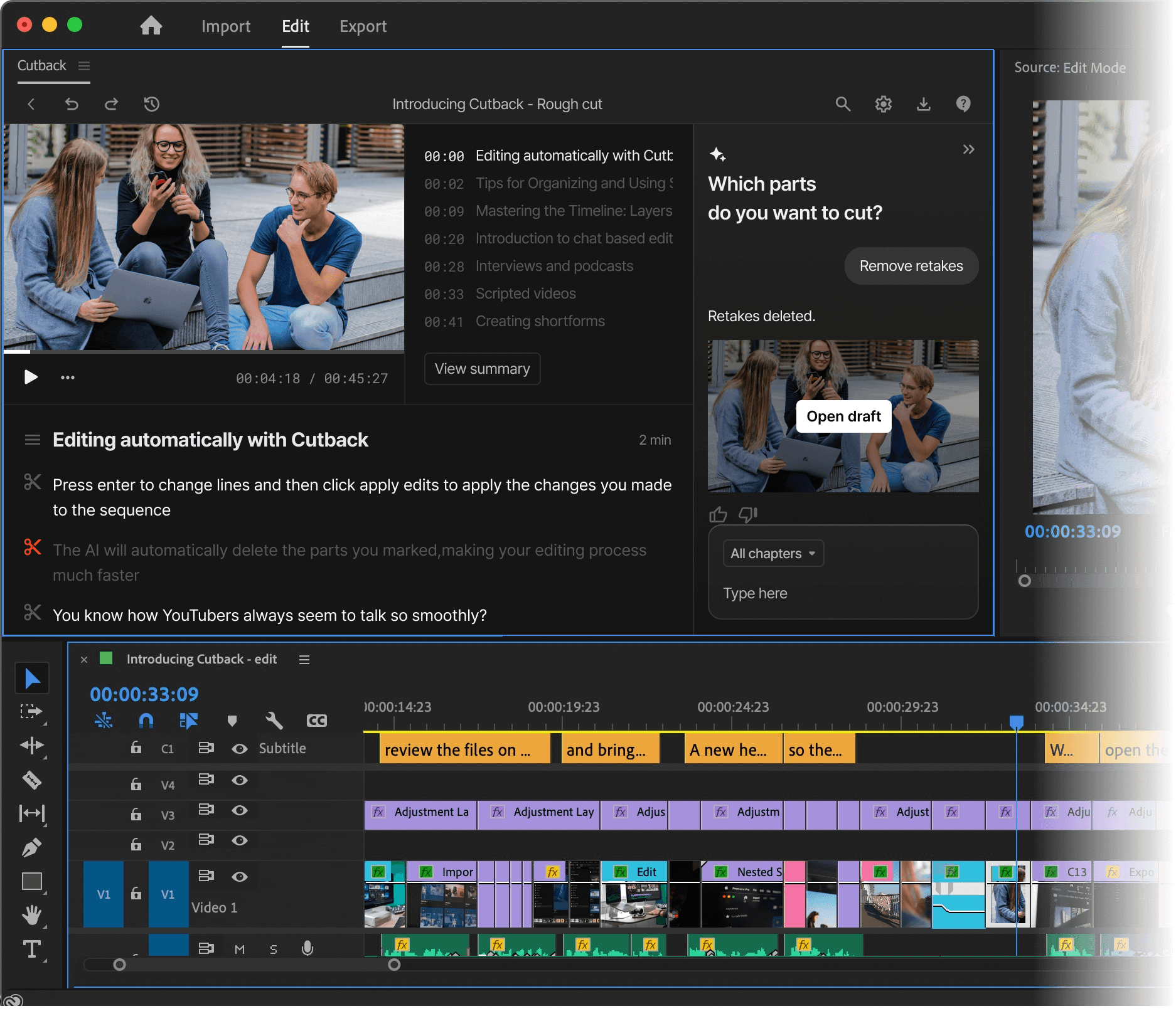 Cutback homepage banner promoting automatic video editing features as premiere pro plugin tool