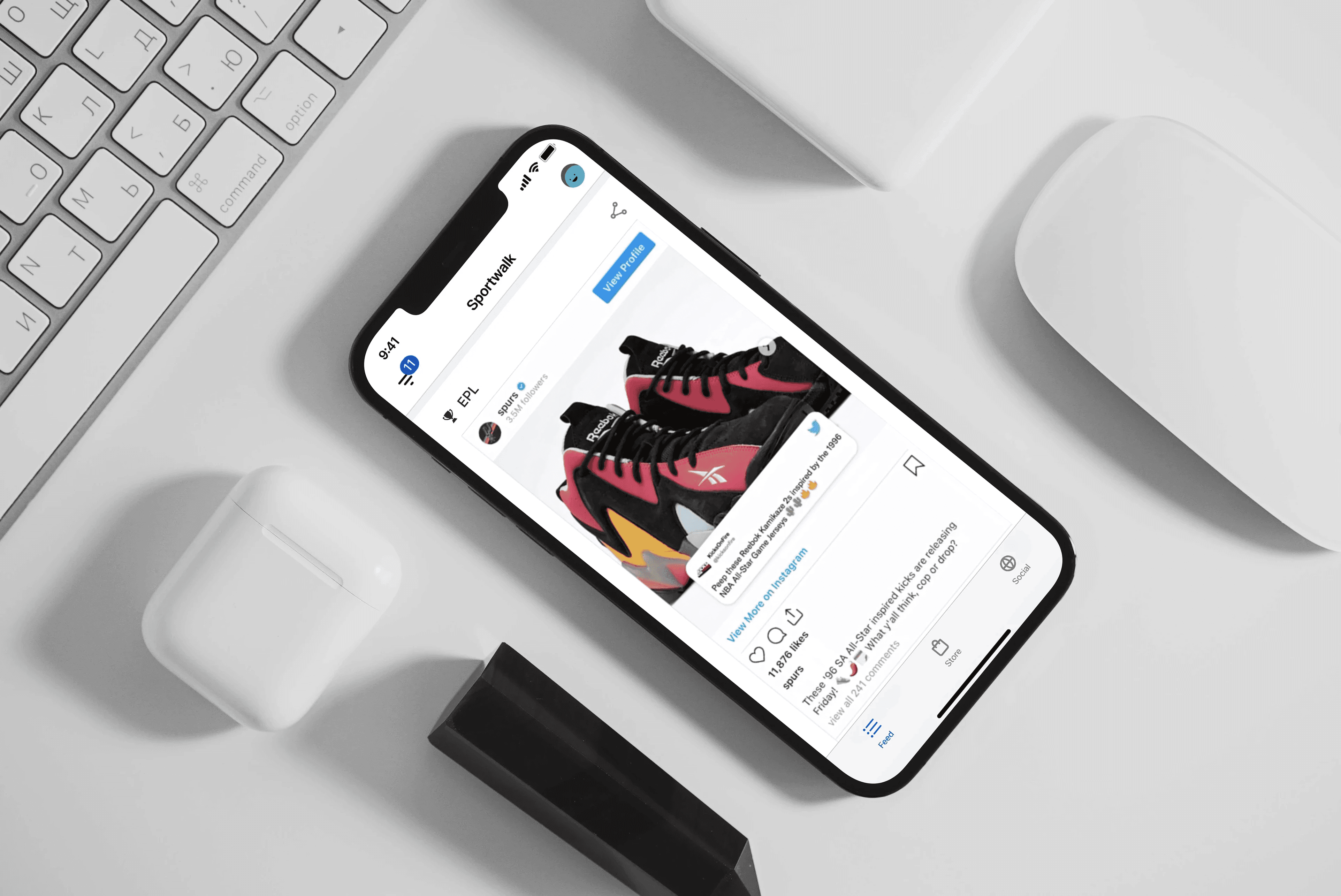 Mobile UI showcasing Sportwalk's e-commerce interface with sports shoe product listing.