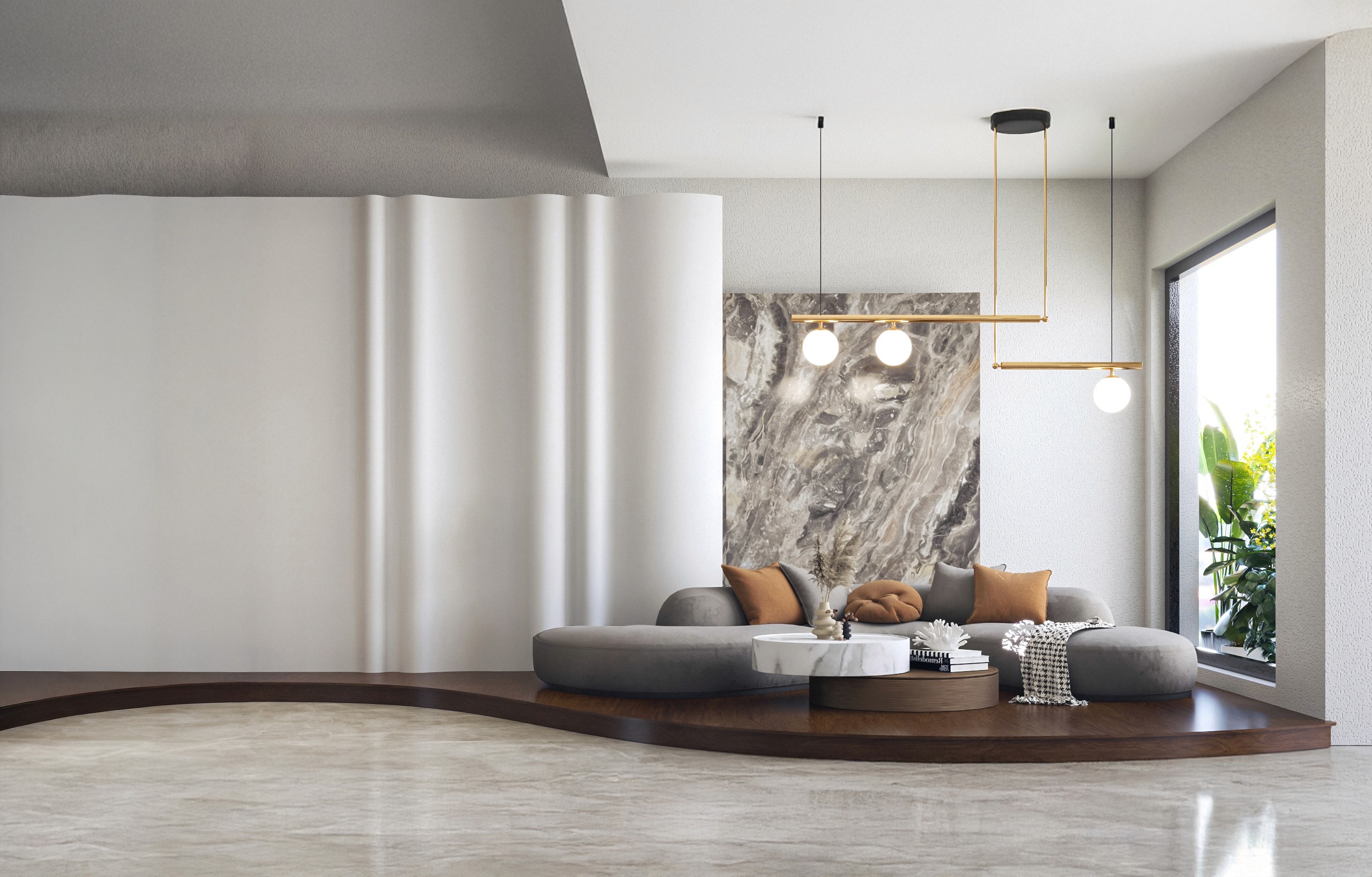 Modern curved staircase with warm ambient lighting