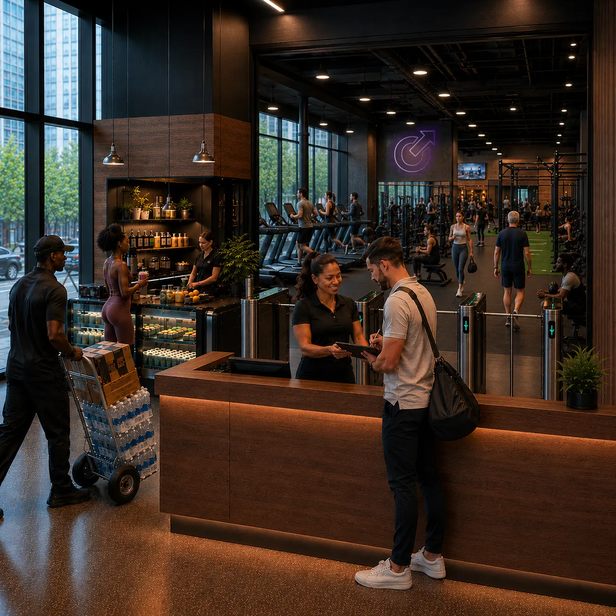 Entrée d'un gym moderne à Montréal, de jours, avec un client qui intéragie au comptoir de l'entrée, il y a un livreur qui livre des produits pour le bar à jus.