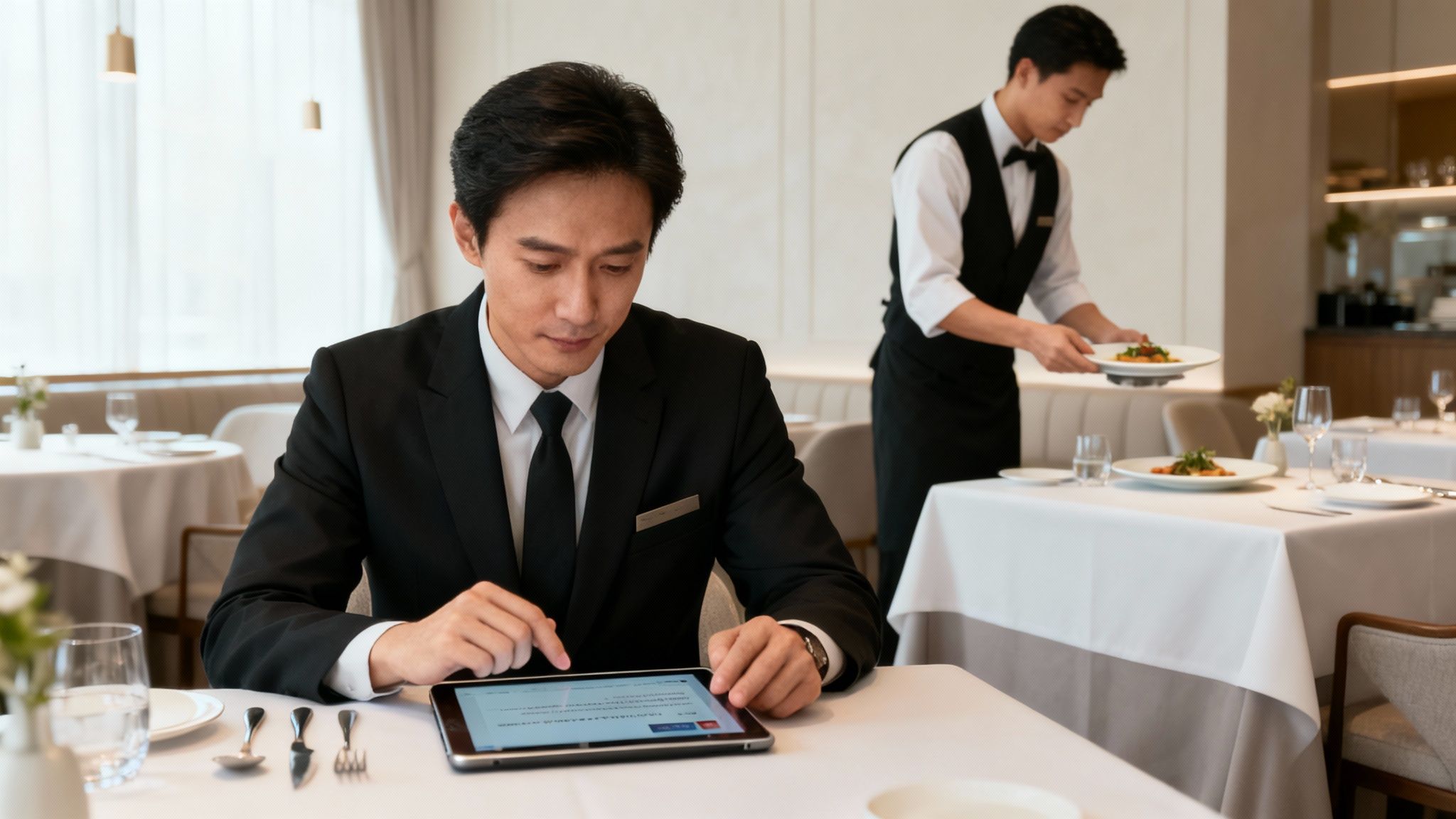 A man in a suit uses a tablet at a restaurant while a waiter serves food.
