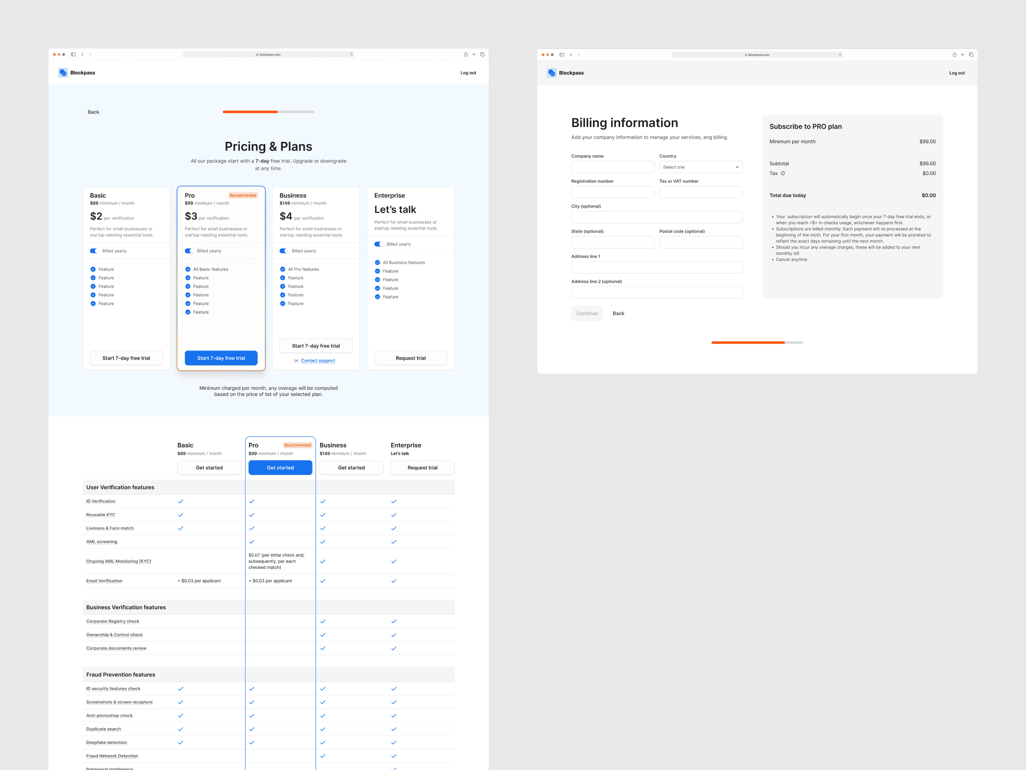 Blockpass plan selection screen with pricing cards, feature comparison table, and billing form for company details.