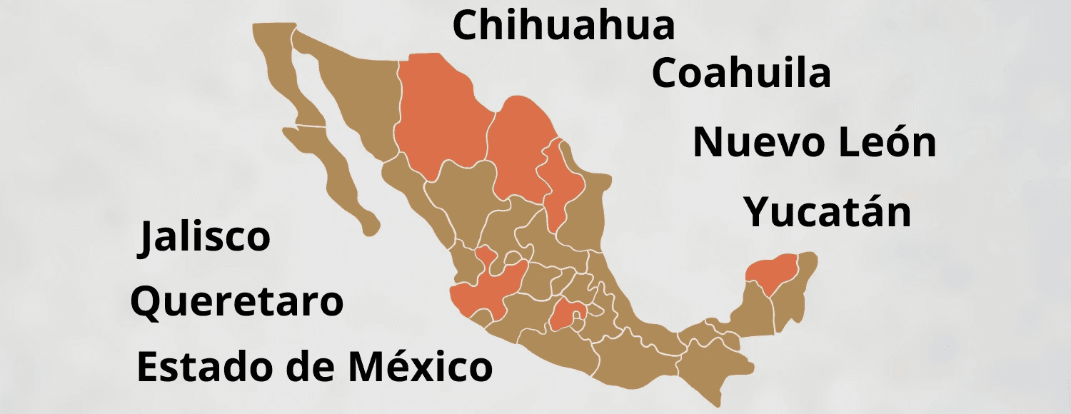 “Mapa de México con los estados de Chihuahua, Coahuila, Nuevo León, Jalisco, Querétaro, Estado de México y Yucatán resaltados en color naranja, sobre fondo claro, mostrando su ubicación geográfica dentro del país.
