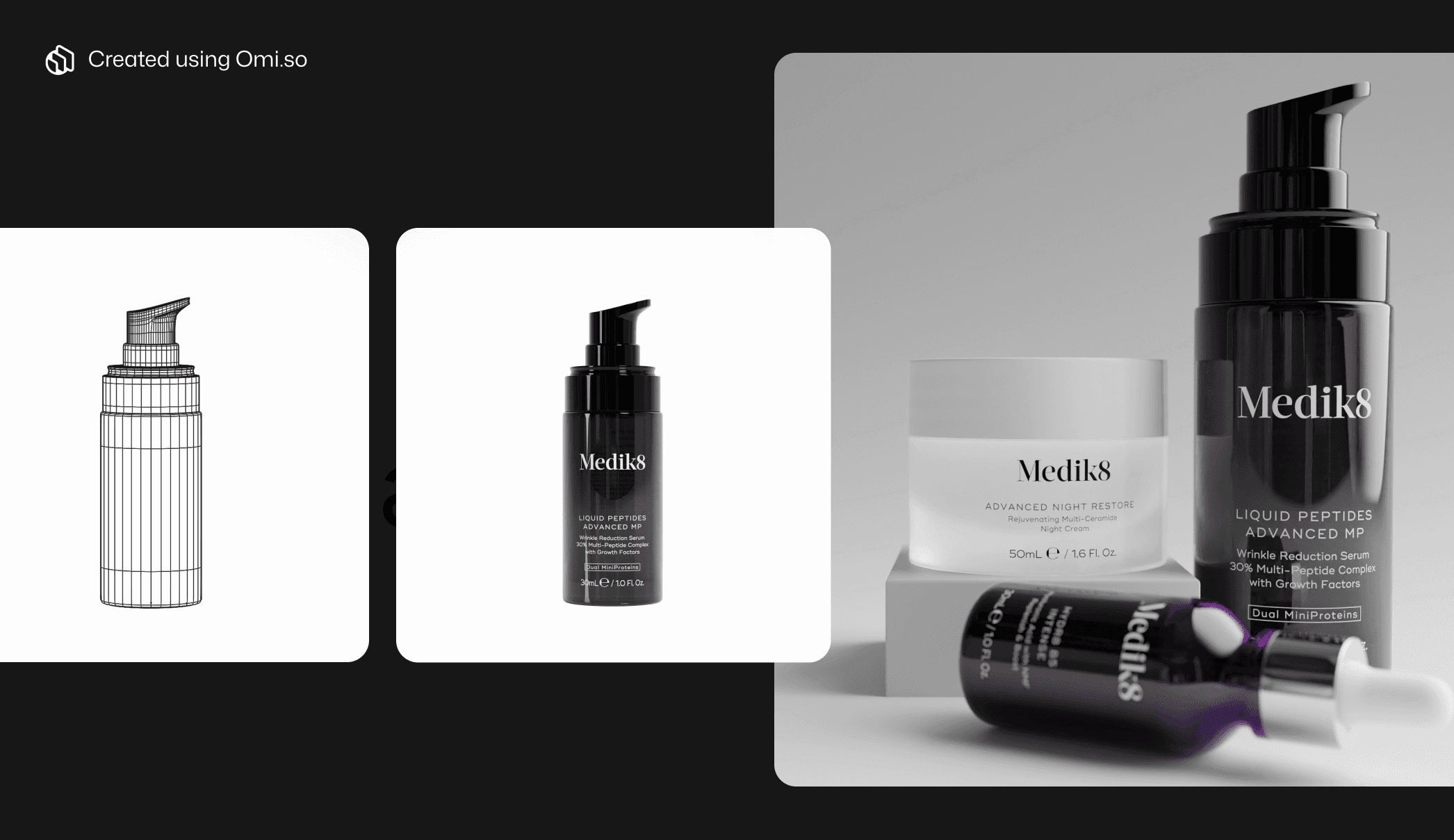 Digital Twin, white background packshot, and creative group shot of Medik8 cosmetics products on black background