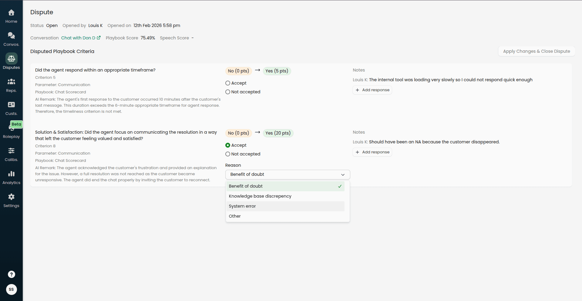 Screenshot showing an open dispute on the dispute detail page with the criteria list, the Accept / Not accepted choices, the reason dropdown, and the Apply Changes & Close Dispute button