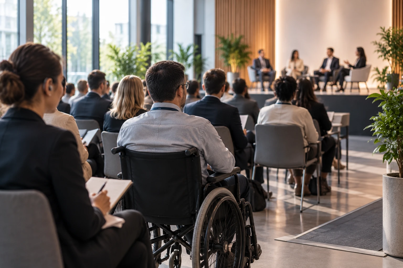 A diverse audience attending a professional conference in an accessible and inclusive environment, illustrating accessibility as an integral part of the event experience.