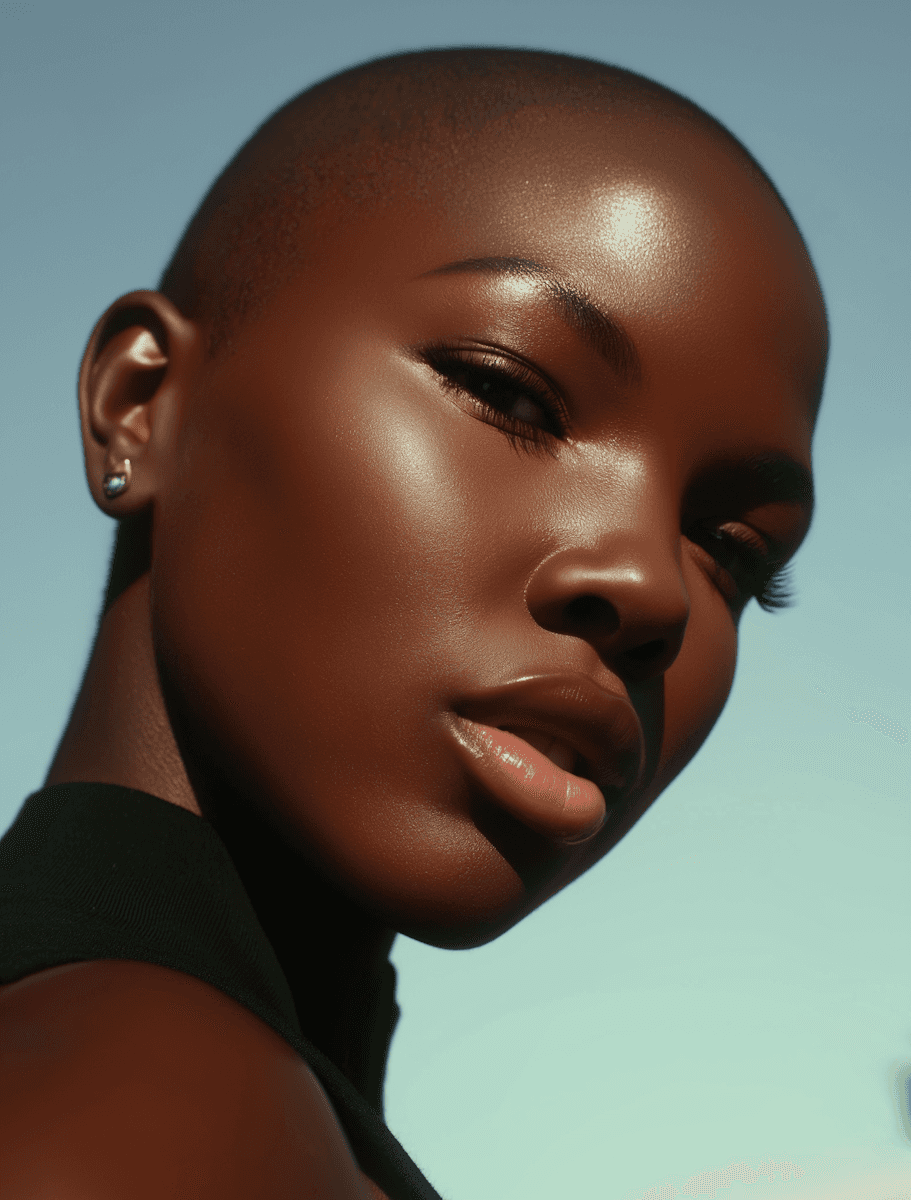 Portrait of a person with a shaved head, strong features, and warm skin tone against a clear sky background.