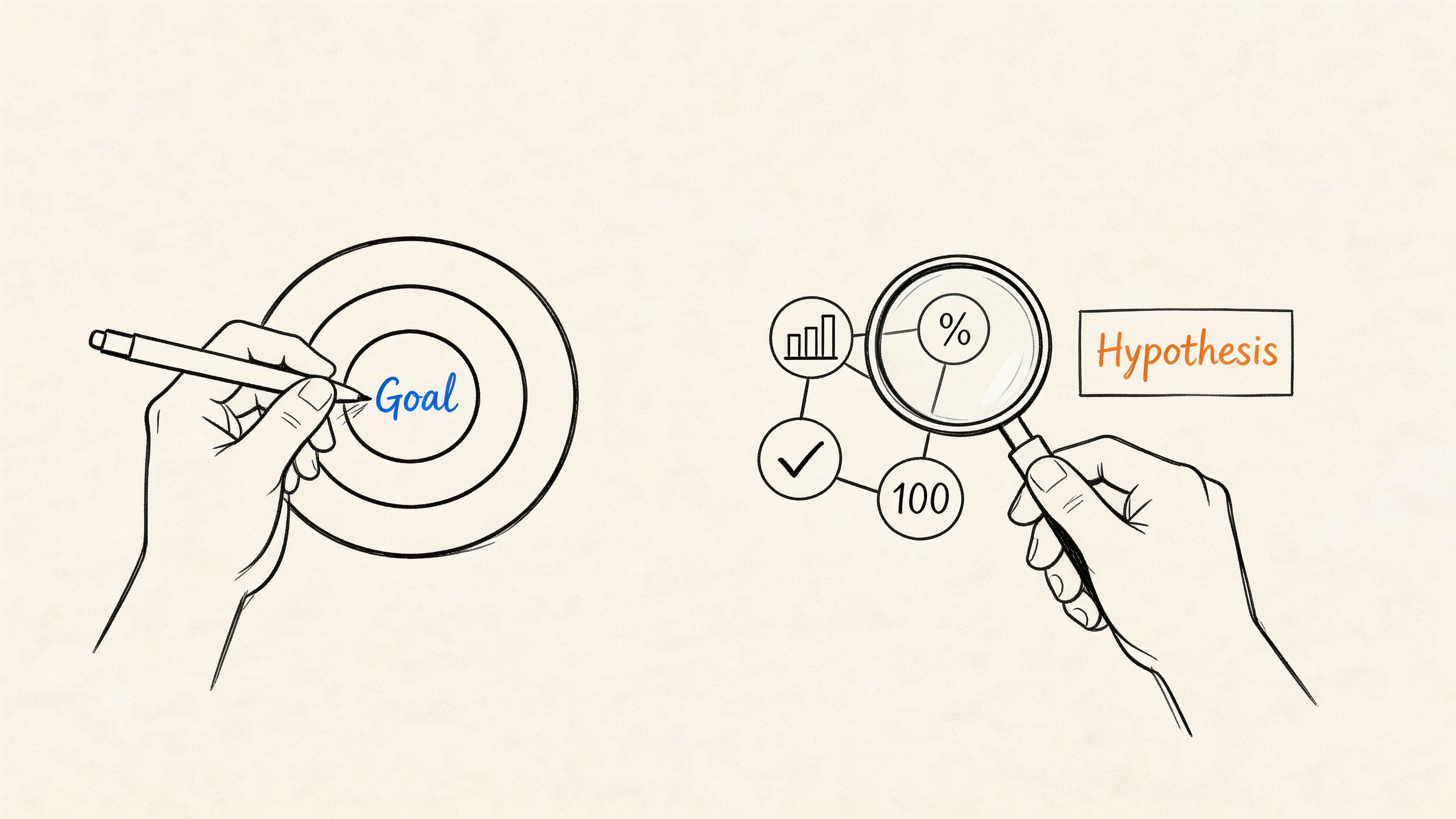 A conceptual sketch illustrating a hand setting a target goal and another hand analyzing business data hypotheses.