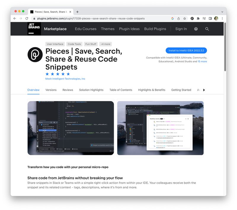 Screenshot of the Pieces for Developers Marketplace Listing.