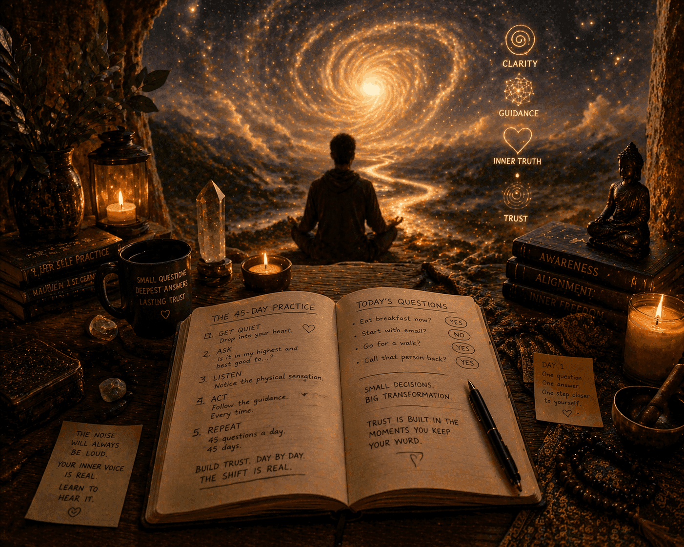 Person meditating beneath a spiral of light with a journal of daily questions, representing consistent practice and inner guidance