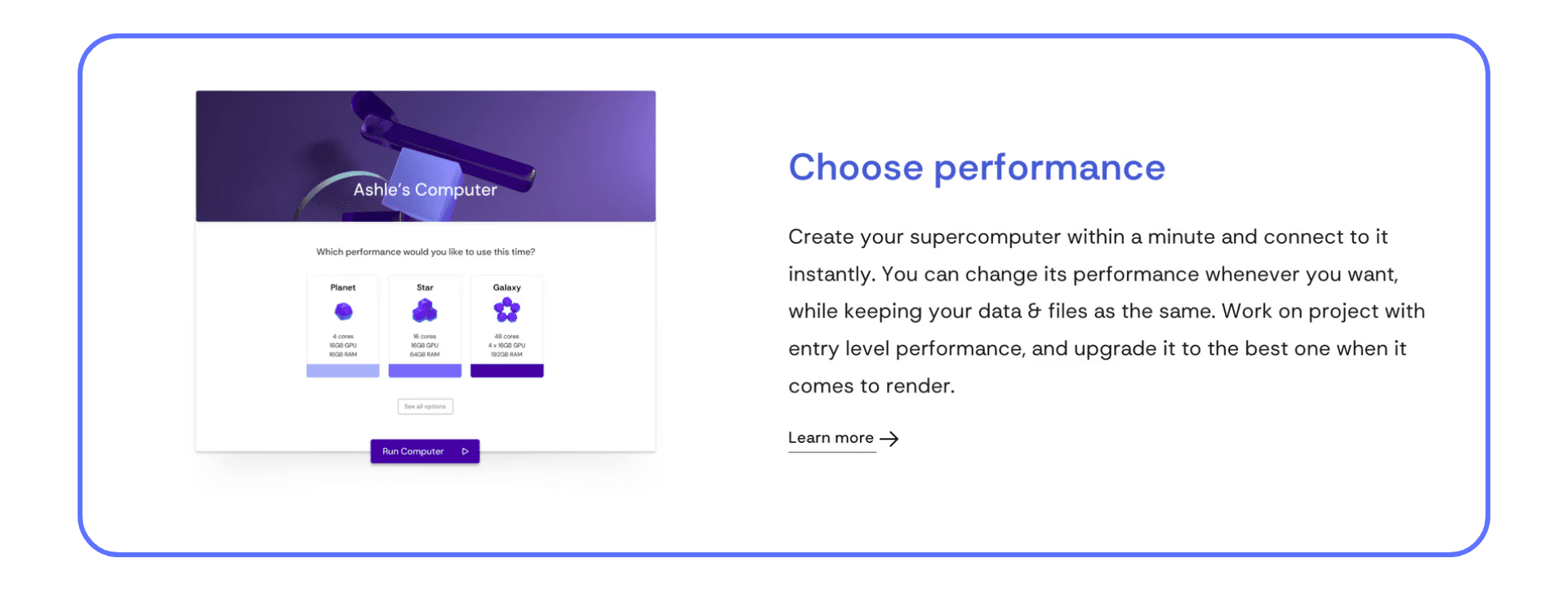 Vagon performance selection interface with options Planet, Star, and Galaxy displayed next to descriptive text about customizable cloud computer performance.