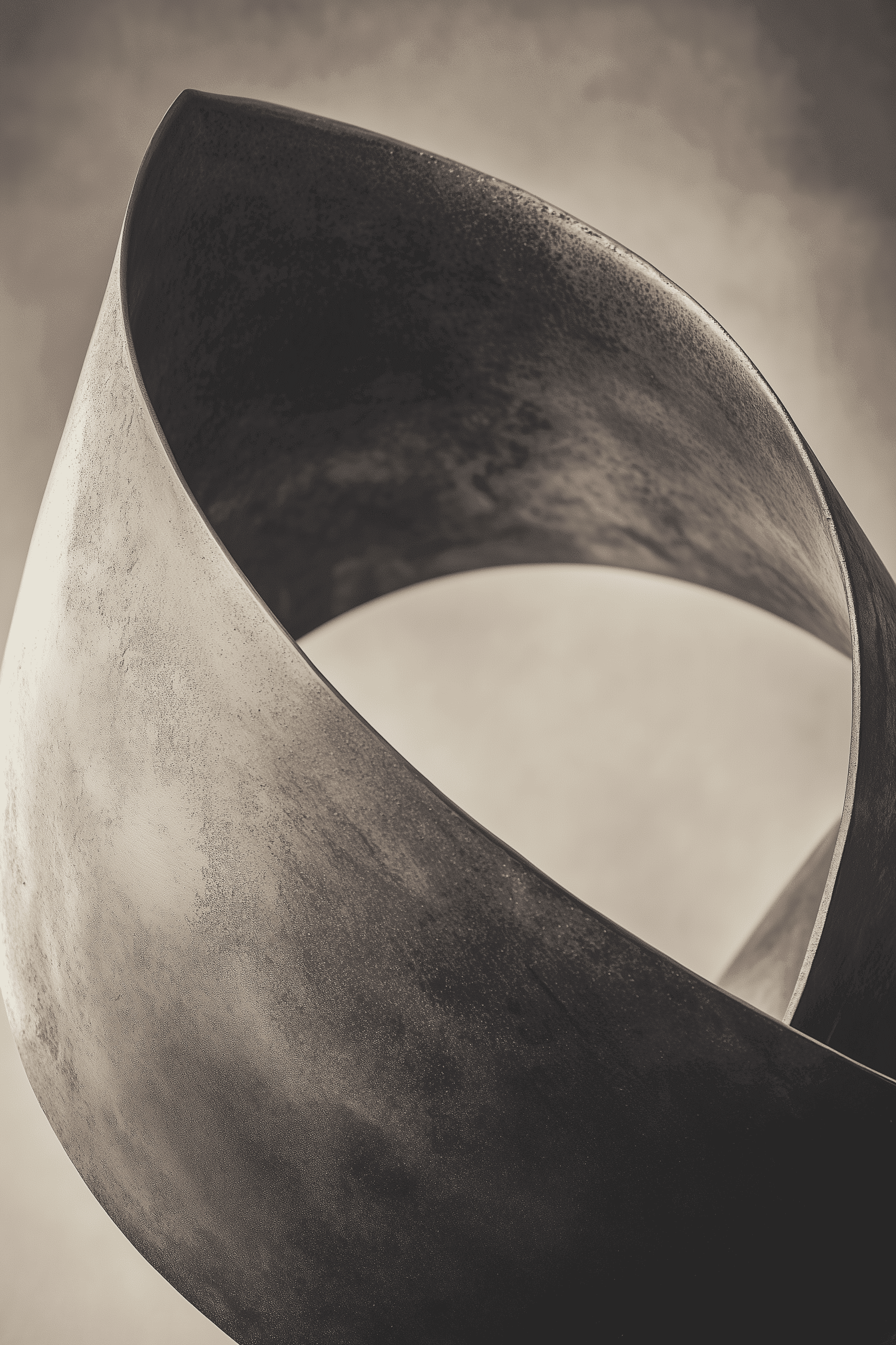 An abstract metal sculpture features two sweeping curves that intertwine, creating a dynamic sense of movement. The surface is a textured blend of dark and light tones, reflecting light softly. The background is softly blurred, enhancing the sculpture's elegant form.