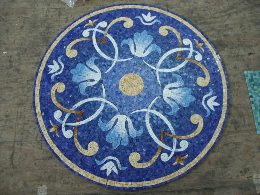 Blue Lily mosaic pool medallion, White and gold on cobalt, hand-cut glass — reference M-07, Mosaiclegs Art Studio