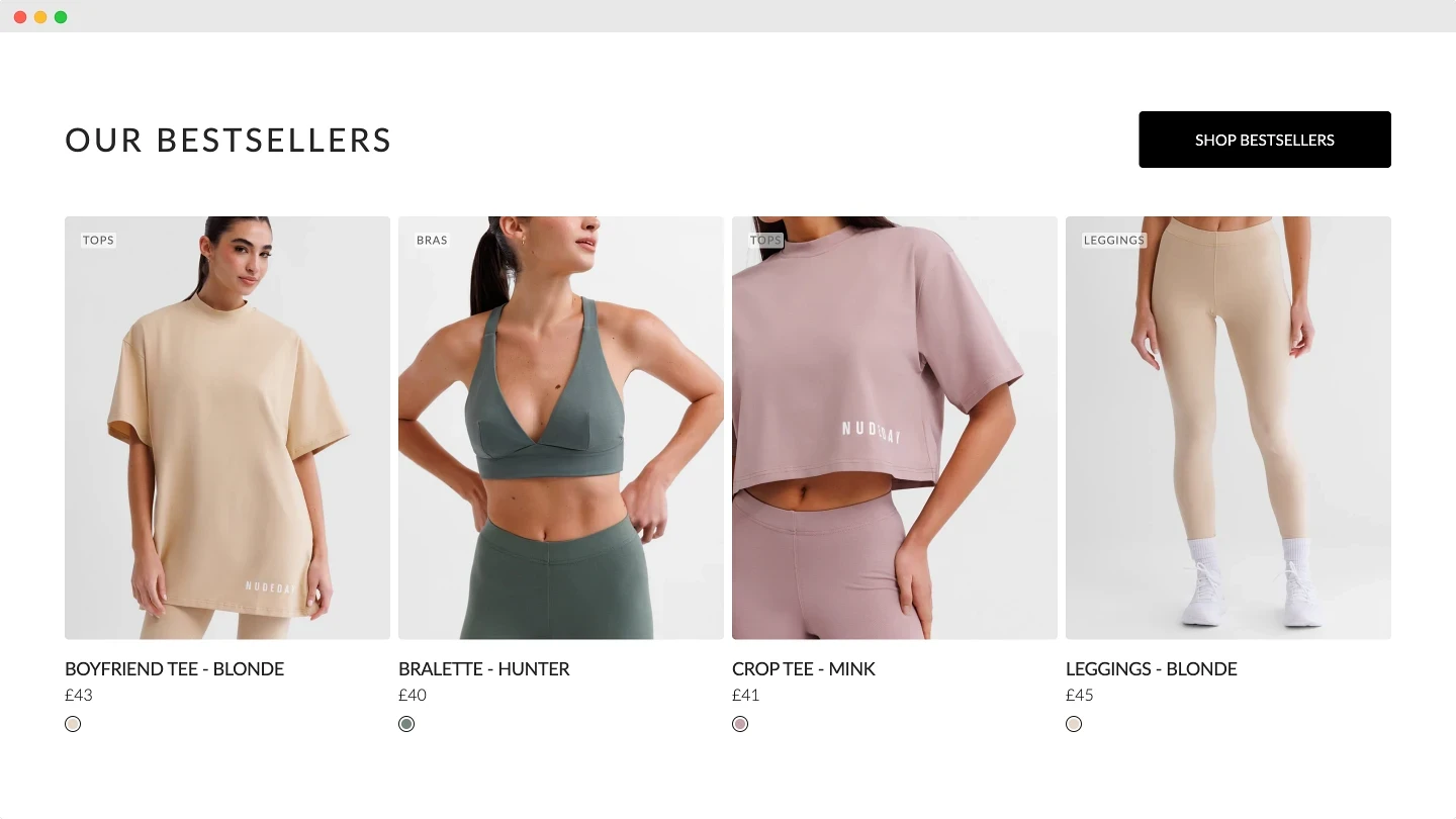 Screenshot showing a website design for Nude Day Clothing