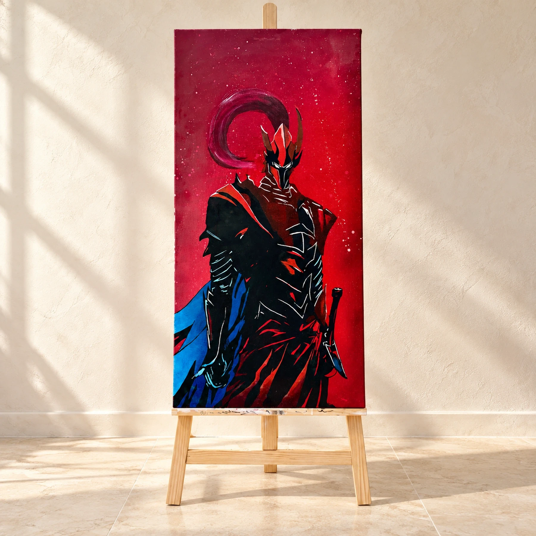 Painting of an armoured figure on a red background, displayed on a wooden easel.