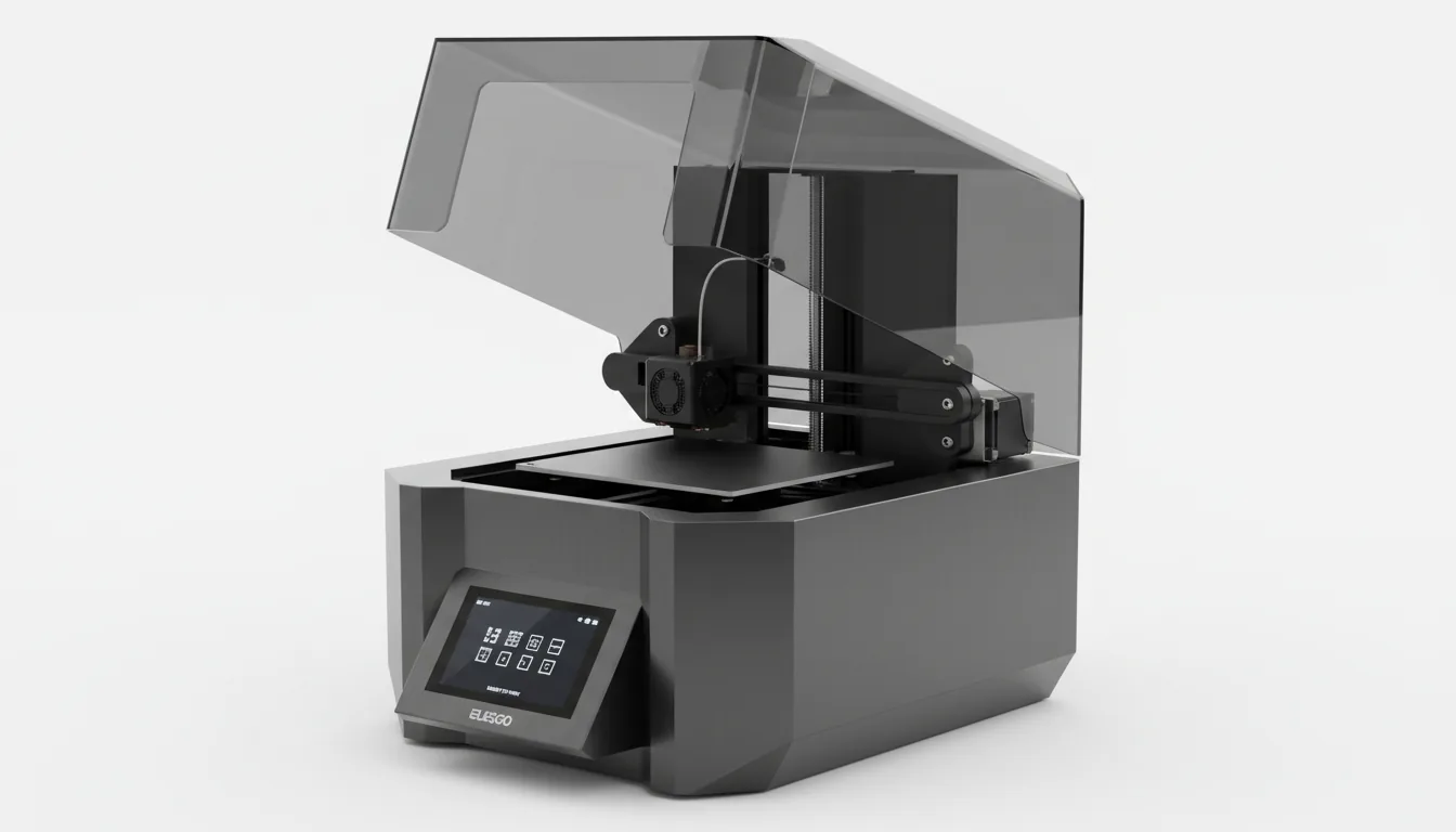 DSLR product photography of a modern Elegoo resin 3D printer, captured in a three-quarters view on a seamless white studio background. The device features a dark gray matte metallic base with an angular, faceted design. A translucent, smoked gray plastic UV cover is hinged open at an angle. Inside, the black metal build plate and Z-axis assembly with its lead screw are clearly visible. The lighting is even, soft studio lighting, creating subtle highlights on the machine's surfaces. The focus is sharp and the image is hyper-detailed, showcasing the textures of the metal and plastic components. A small color touchscreen on the front displays a simple dark mode UI with abstract white icons.