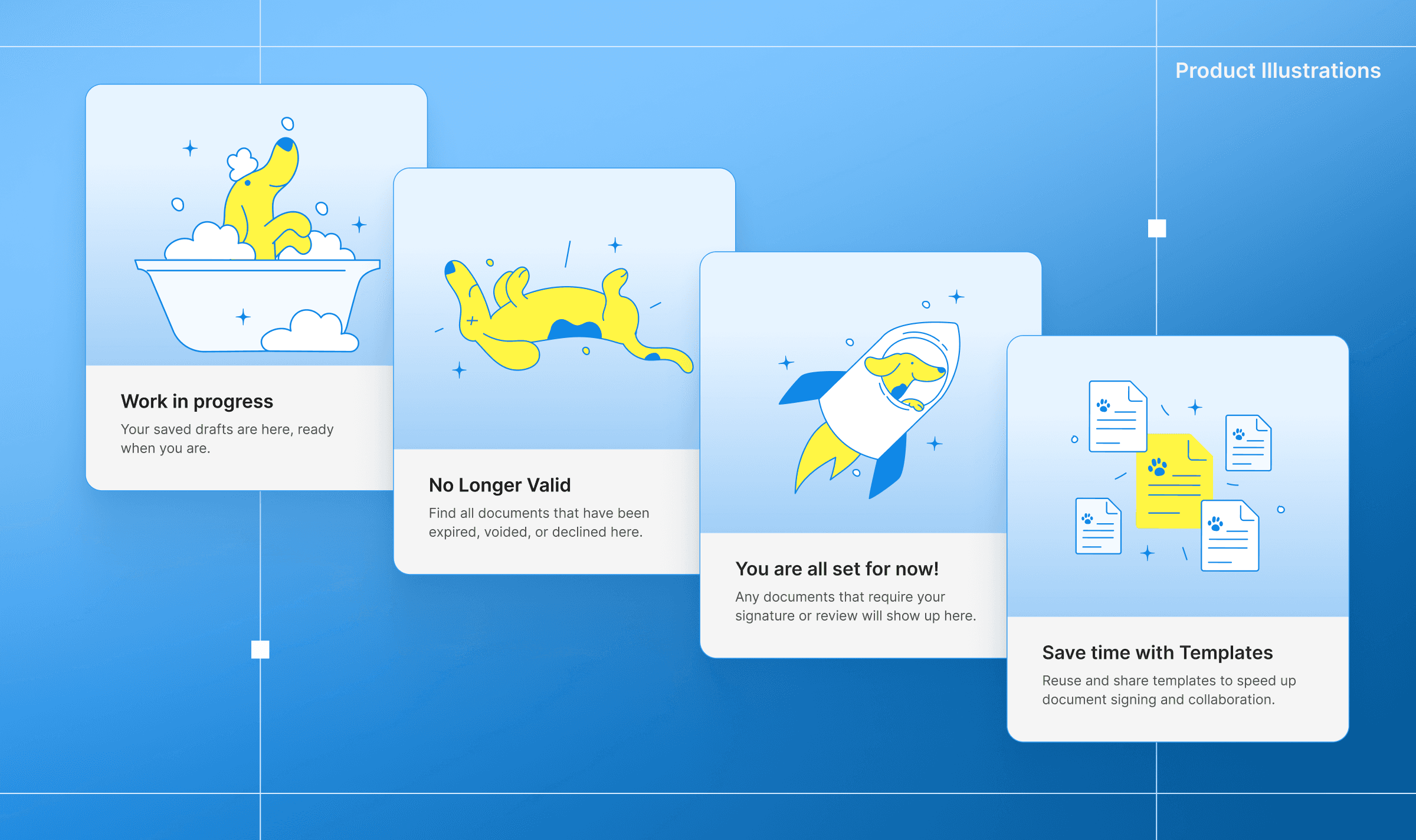 Contextual illustrations that bring in-product moments to life and guide users through empty or transitional states.