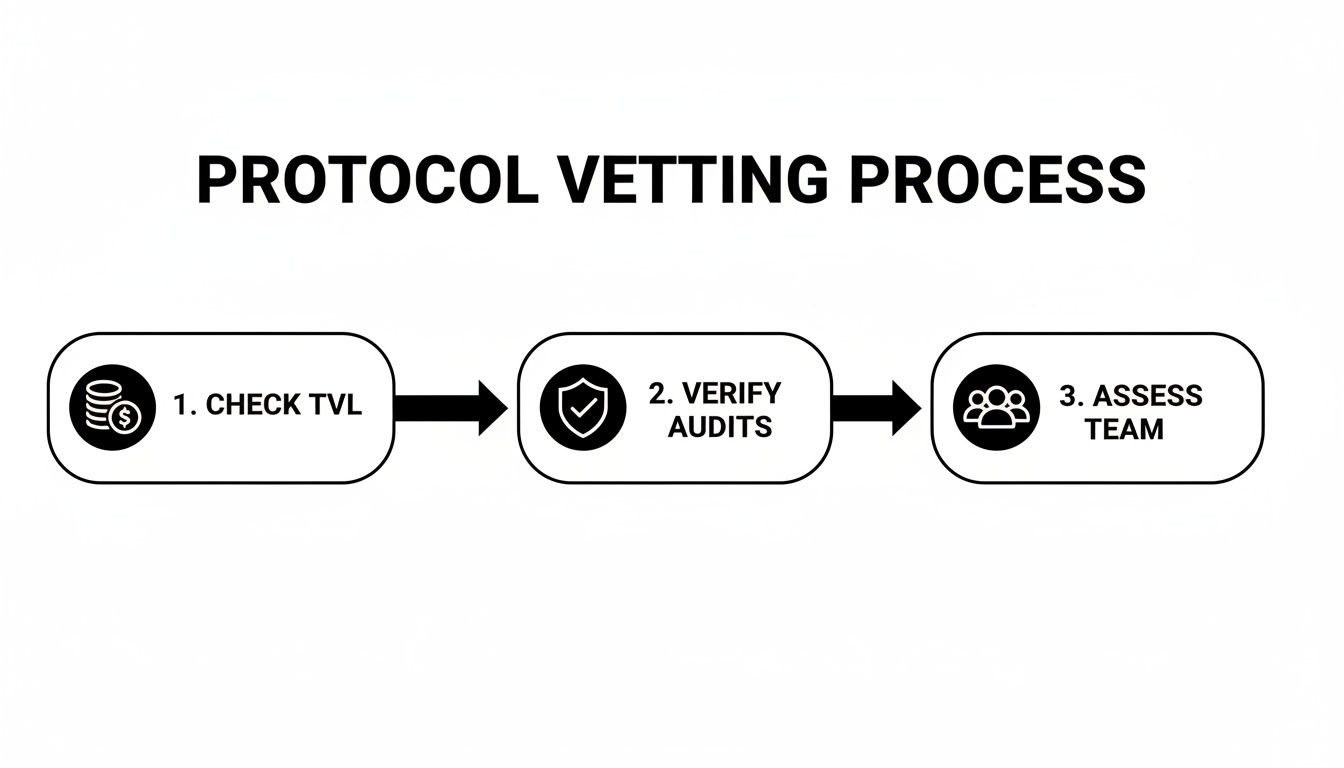 A flowchart outlining the protocol vetting process with three steps: Check TVL, Verify Audits, and Assess Team.