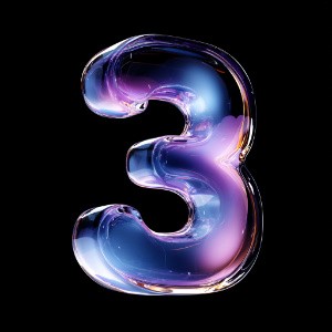3D glass number 3 with iridescent purple blue surface on black background