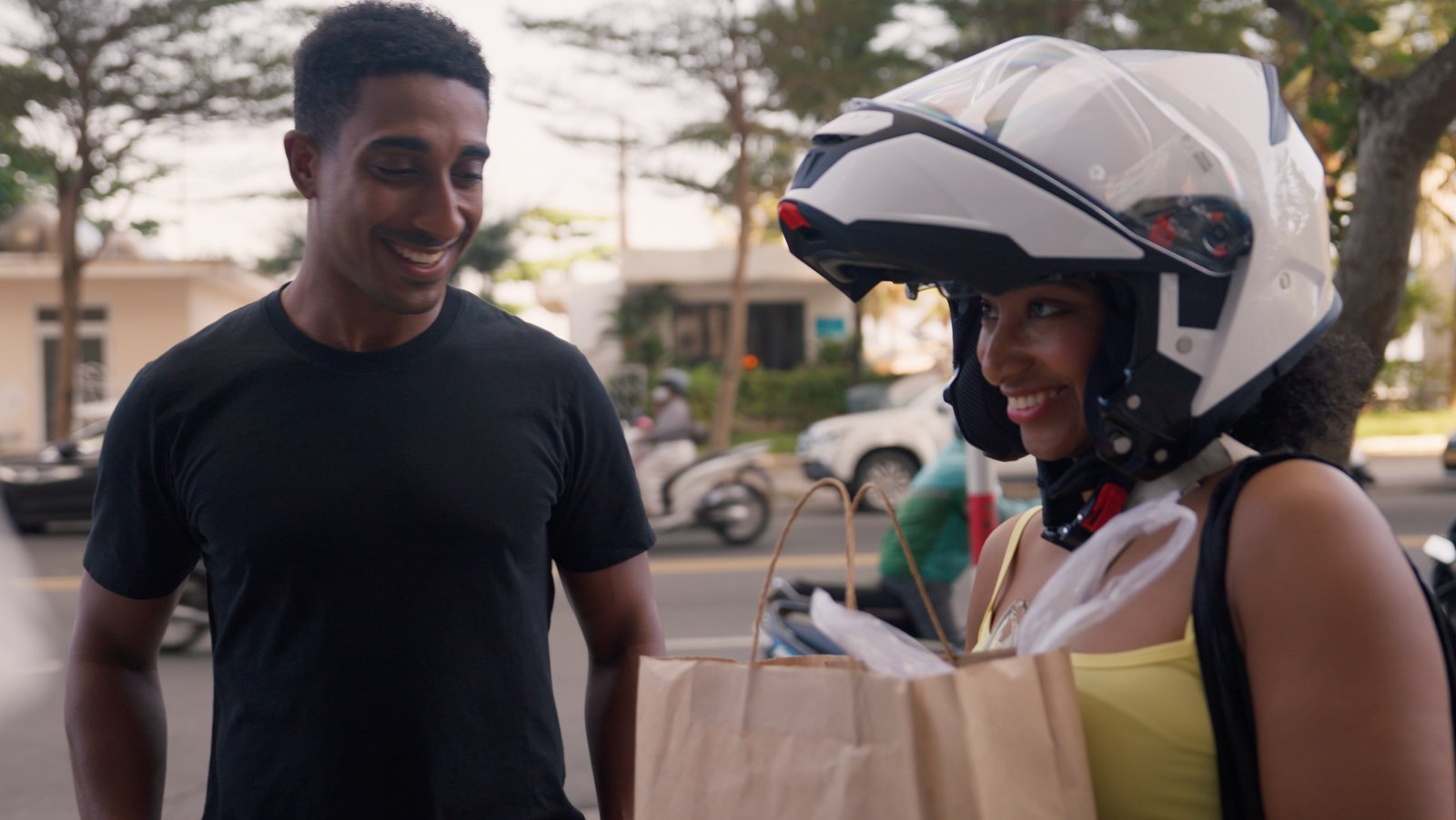 Ralph and Christina back from a grocery run in Da Nang, Christina still in her scooter helmet