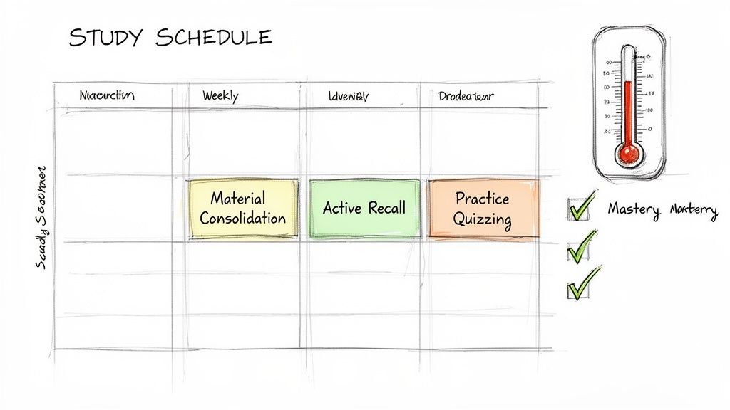 A hand-drawn study schedule grid showing Material Consolidation, Active Recall, and Practice Quizzing techniques.