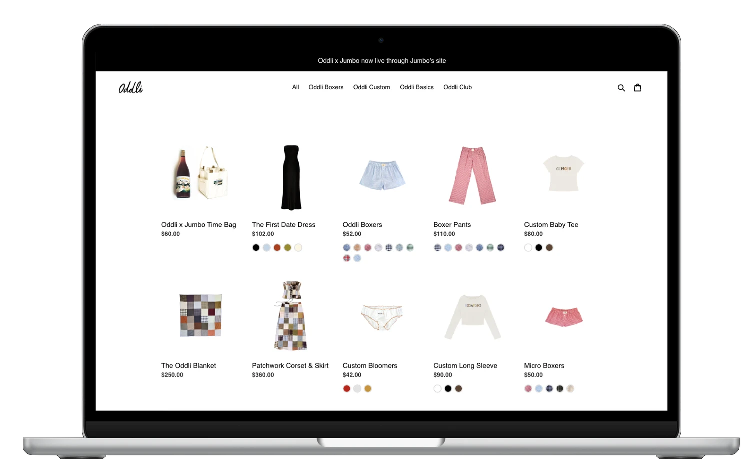 Original Oddli homepage showing product grid with items like wine bottle, black dress, boxers, and color swatches on white background
