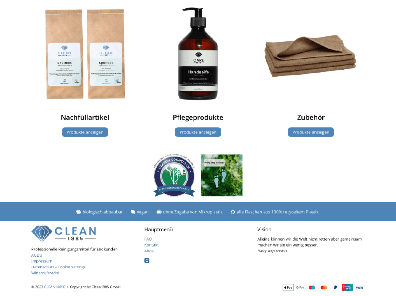 Clean 1885 starter set promotional section headlined "Deine Geheime Superpower", featuring a product bundle photo and a list of included items: dishwasher tabs, kitchen cleaner powder, and laundry detergent
