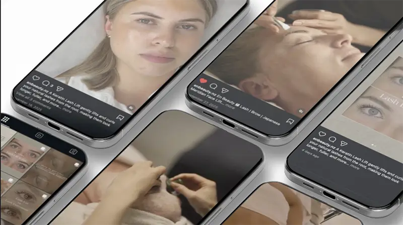 We see a grid of Enbeauty phones to showcase many different social ads