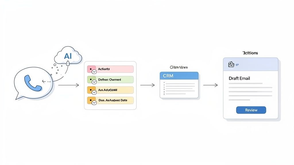 Diagram illustrating an AI-powered workflow to extract tasks from calls, update CRM, and draft emails.