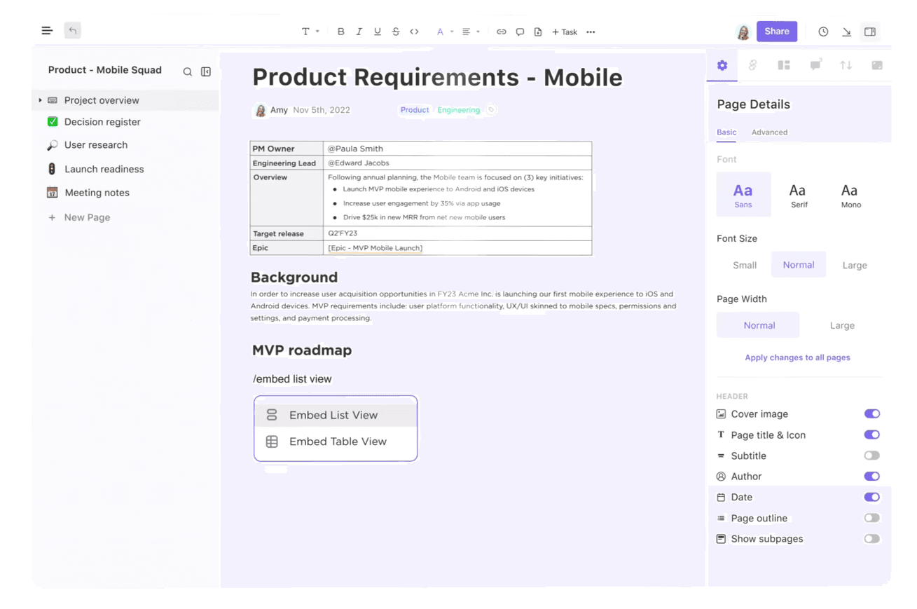 ClickUp document containing product requirements for a mobile app