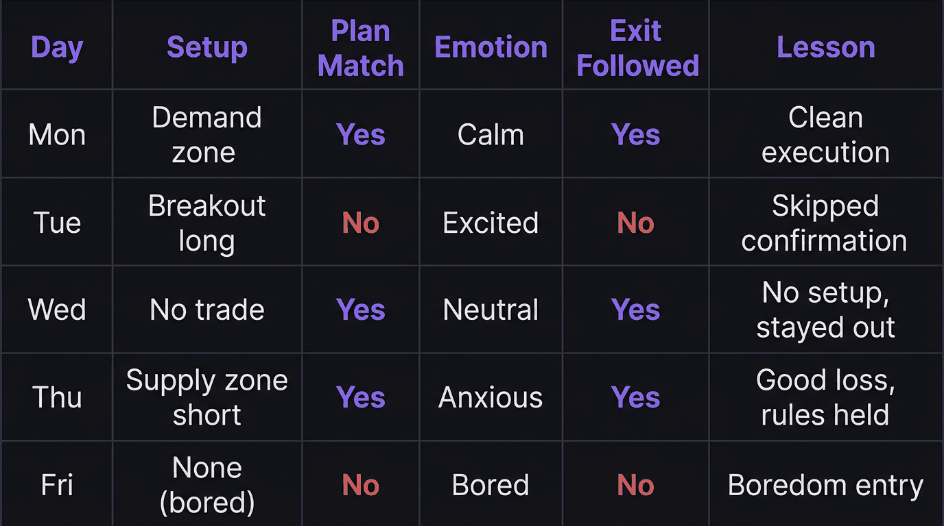 Spreadsheet table showing five days of process journal entries with columns for day, setup, plan match, emotion, exit followed, and lesson
