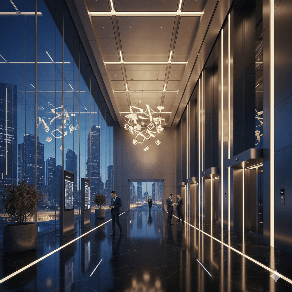 Premium Grade A office building lobby and corporate tower exterior at M3M Sector 96 Noida with contemporary architecture.