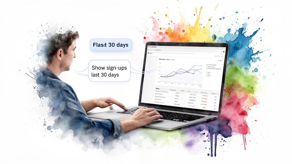 Man using a laptop to view a data visualization dashboard displaying graphs and tables.