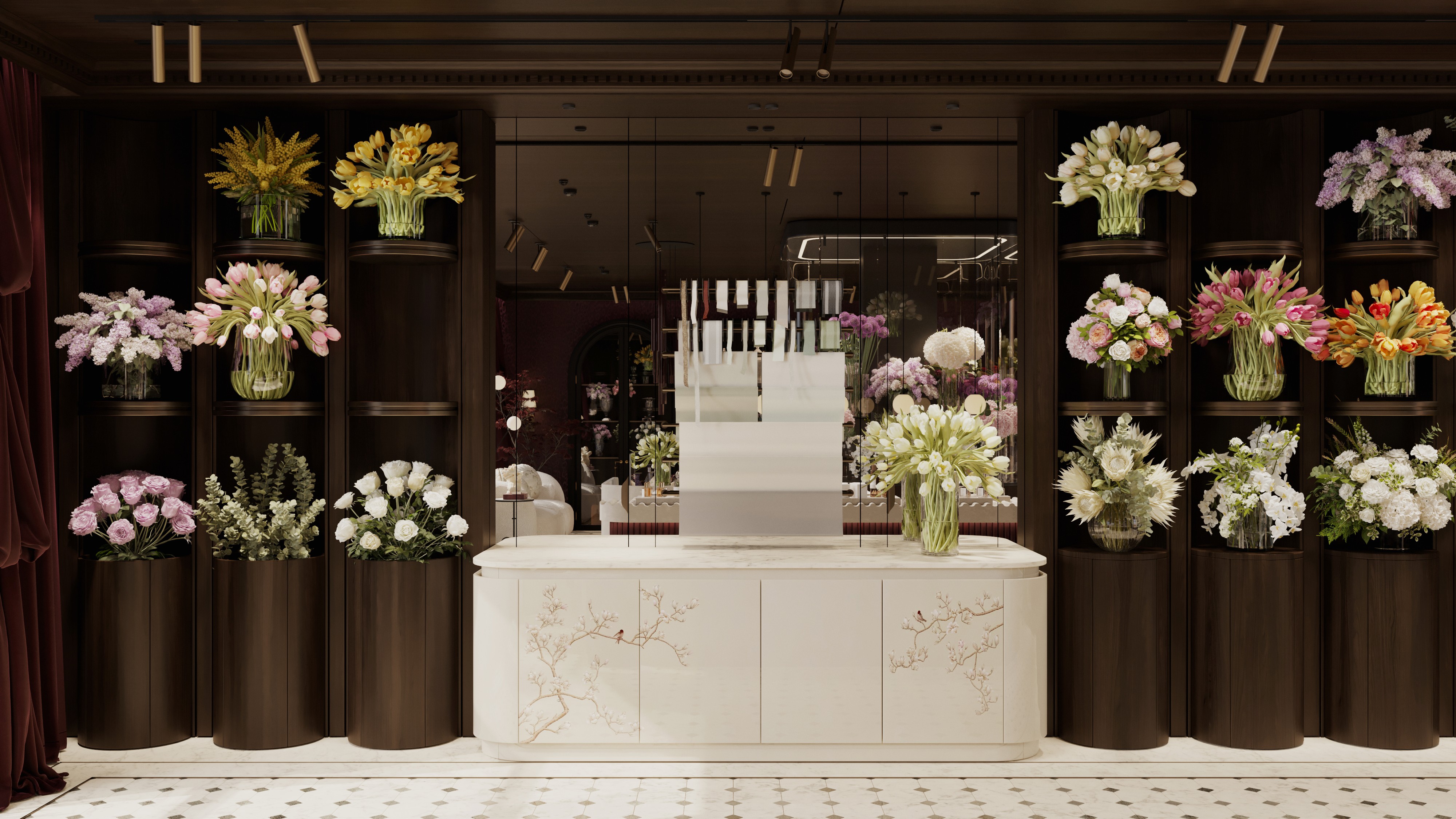 A display of colorful flowers in decorative pots arranged neatly on shelves in a floral shop.