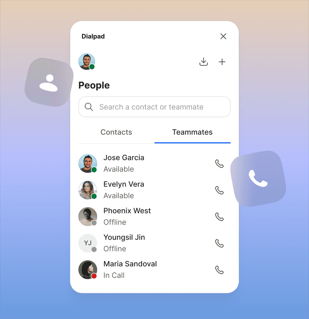 UI of a contact list interface displaying teammates with their availability status, call buttons next to their names, and search functionality for contacts.